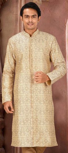 Beige and Brown color Kurta in Art Dupion Silk fabric with Embroidered, Thread work