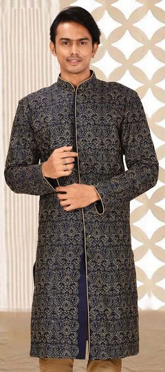Blue color Kurta in Art Dupion Silk fabric with Embroidered, Thread work