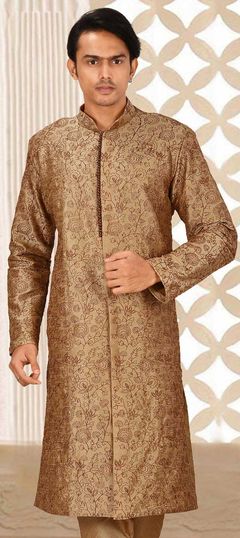 Beige and Brown color Kurta in Art Dupion Silk fabric with Embroidered, Thread work