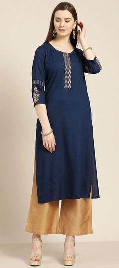 Blue color Tunic with Bottom in Rayon fabric with Embroidered, Thread work