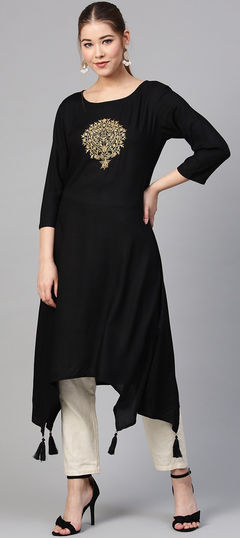 Black and Grey color Tunic with Bottom in Rayon fabric with Embroidered, Thread work