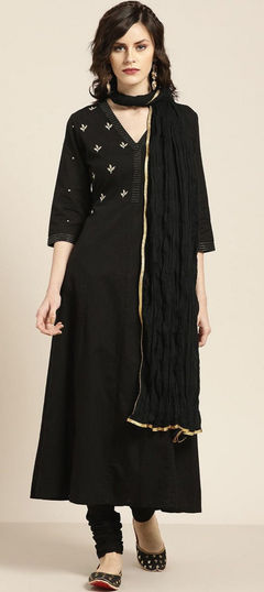 Black and Grey color Salwar Kameez in Rayon fabric with Embroidered, Thread work