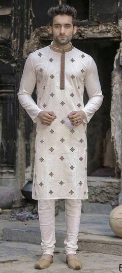 White and Off White color Kurta Pyjamas in Poly cotton fabric with Embroidered, Thread work