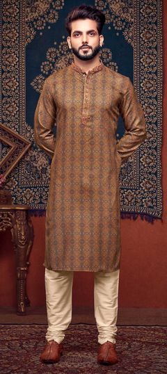 Beige and Brown color Kurta Pyjamas in Poly cotton fabric with Digital Print work