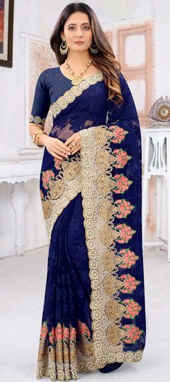 Engagement, Festive, Wedding Blue color Saree in Net fabric with Classic Embroidered, Moti, Resham, Stone, Thread, Zari work : 1761463