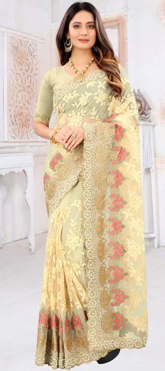 Engagement, Festive, Wedding Yellow color Saree in Net fabric with Classic Embroidered, Moti, Resham, Stone, Zari work : 1761470