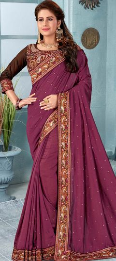 Pink and Majenta color Saree in Art Silk, Silk fabric with Border, Embroidered, Stone, Thread work