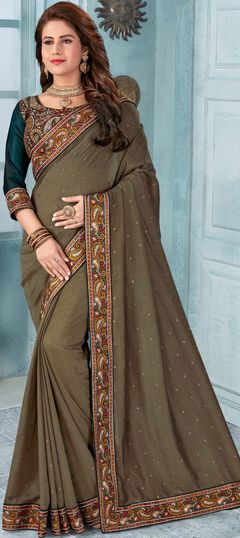 Green color Saree in Art Silk, Silk fabric with Border, Embroidered, Stone, Thread work