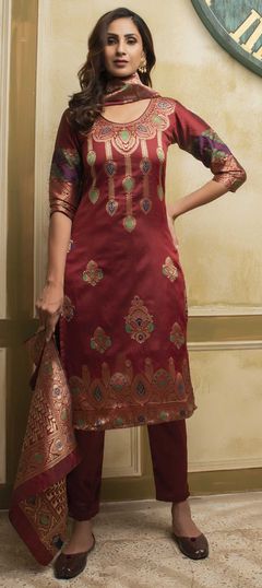 Festive, Party Wear Red and Maroon color Salwar Kameez in Banarasi Silk fabric with Straight Weaving work : 1761584