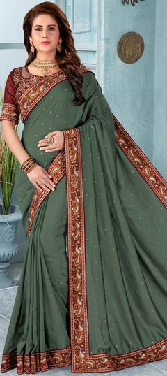 Green color Saree in Art Silk, Silk fabric with Border, Embroidered, Stone, Thread work