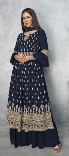 Blue color Salwar Kameez in Georgette fabric with Embroidered, Sequence, Thread, Zari work