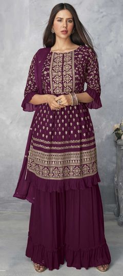 Purple and Violet color Salwar Kameez in Georgette fabric with Embroidered, Sequence, Thread, Zari work