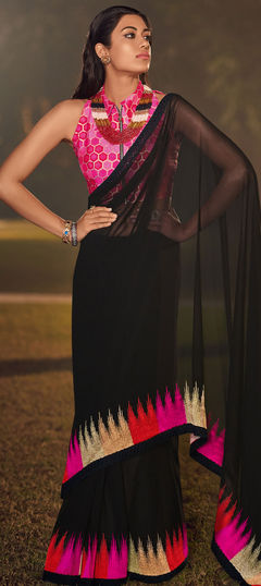 Black and Grey color Saree in Georgette fabric with Embroidered work