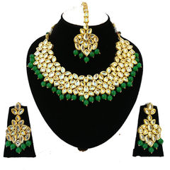 Gold Rodium Polish Green color Necklace in Metal Alloy studded with Kundan