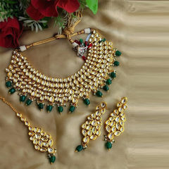 Gold Rodium Polish Green color Necklace in Metal Alloy studded with Kundan