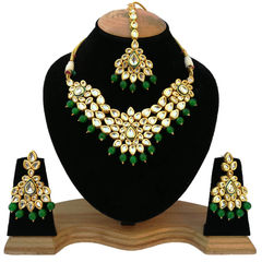 Gold Rodium Polish Green color Necklace in Metal Alloy studded with Kundan