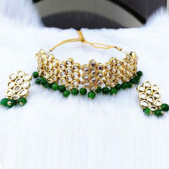 Gold Rodium Polish Green color Necklace in Metal Alloy studded with Kundan