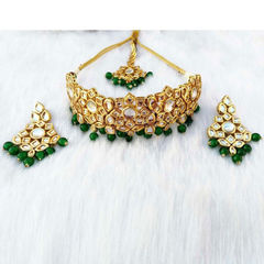 Gold Rodium Polish Green color Necklace in Metal Alloy studded with Kundan