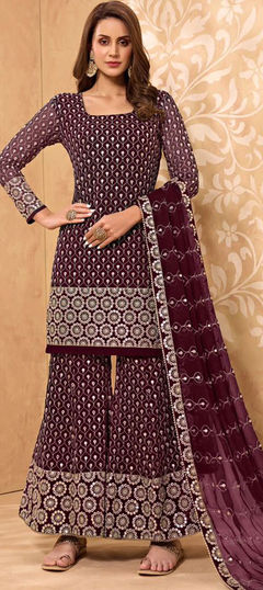 Red and Maroon color Salwar Kameez in Georgette fabric with Embroidered, Thread, Zari work