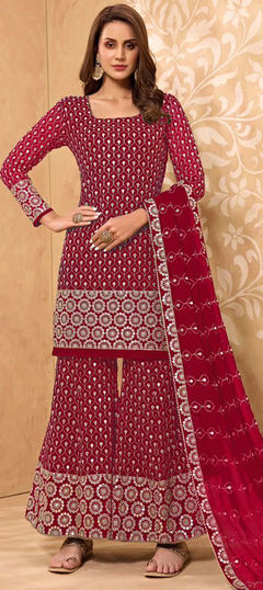 Red and Maroon color Salwar Kameez in Georgette fabric with Embroidered, Thread, Zari work