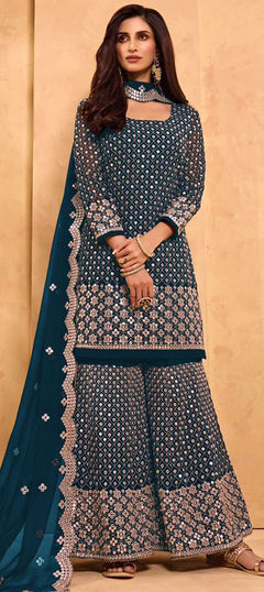 Blue color Salwar Kameez in Georgette fabric with Embroidered, Thread, Zari work