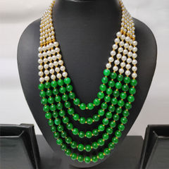 Gold Rodium Polish Green, White and Off White color Necklace in Metal Alloy studded with Pearl