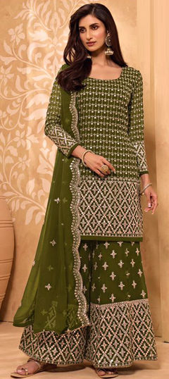 Green color Salwar Kameez in Georgette fabric with Embroidered, Thread, Zari work