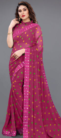 Pink and Majenta color Saree in Faux Georgette fabric with Bandhej, Printed, Sequence work