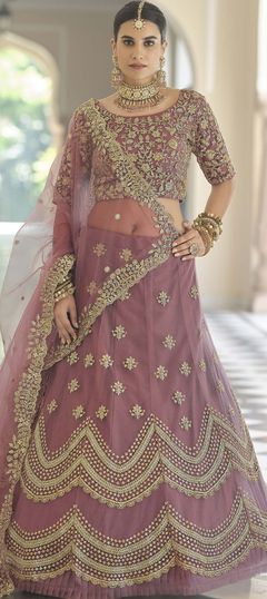 Festive, Reception, Wedding Purple and Violet color Lehenga in Net fabric with A Line Sequence, Thread work : 1763961