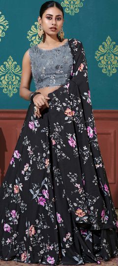 Black and Grey color Lehenga in Art Silk fabric with Floral, Printed work