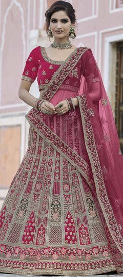 Bridal, Wedding Pink and Majenta color Lehenga in Velvet fabric with A Line Embroidered, Sequence, Thread, Zari work : 1764034