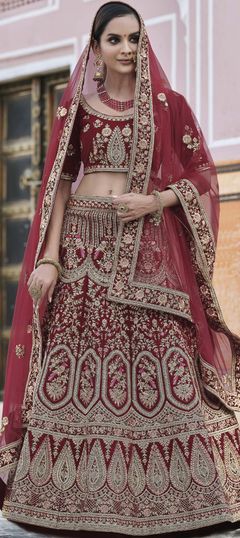 Red and Maroon color Lehenga in Velvet fabric with Embroidered, Sequence, Thread, Zari work