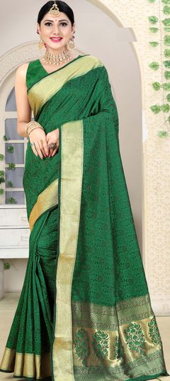 Green color Saree in Art Silk, Silk fabric with Weaving work