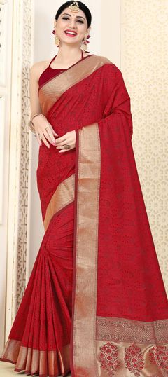 Red and Maroon color Saree in Art Silk, Silk fabric with Weaving work