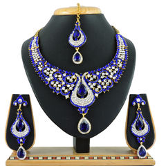 Gold Rodium Polish Blue color Necklace in Metal Alloy studded with CZ Diamond