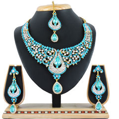 Gold Rodium Polish Blue color Necklace in Metal Alloy studded with CZ Diamond