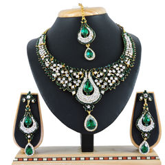 Gold Rodium Polish Green color Necklace in Metal Alloy studded with CZ Diamond