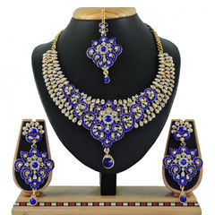 Gold Rodium Polish Blue color Necklace in Metal Alloy studded with CZ Diamond