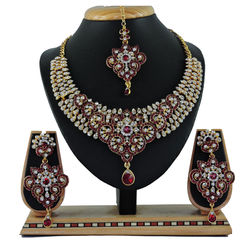 Gold Rodium Polish Red and Maroon color Necklace in Metal Alloy studded with CZ Diamond