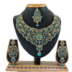 Gold Rodium Polish Blue color Necklace in Metal Alloy studded with CZ Diamond