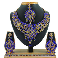 Gold Rodium Polish Blue color Necklace in Metal Alloy studded with CZ Diamond