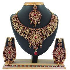 Gold Rodium Polish Red and Maroon color Necklace in Metal Alloy studded with CZ Diamond