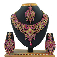 Gold Rodium Polish Pink and Majenta color Necklace in Metal Alloy studded with CZ Diamond