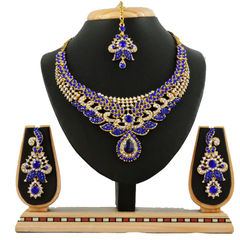 Gold Rodium Polish Blue color Necklace in Metal Alloy studded with CZ Diamond