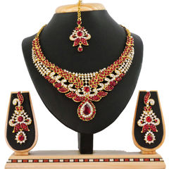 Gold Rodium Polish Red and Maroon color Necklace in Metal Alloy studded with CZ Diamond