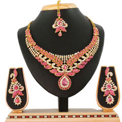 Gold Rodium Polish Pink and Majenta color Necklace in Metal Alloy studded with CZ Diamond