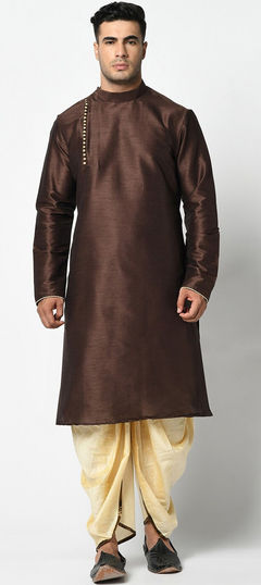 Beige and Brown color Dhoti Kurta in Dupion Silk fabric with Thread work