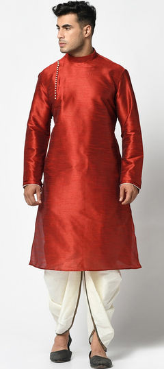 Red and Maroon color Dhoti Kurta in Dupion Silk fabric with Thread work