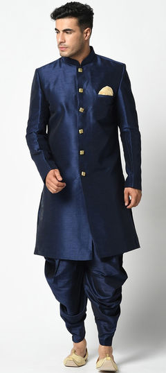 Blue color Dhoti Sherwani in Dupion Silk fabric with Thread work