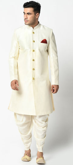 Beige and Brown color Dhoti Sherwani in Dupion Silk fabric with Thread work